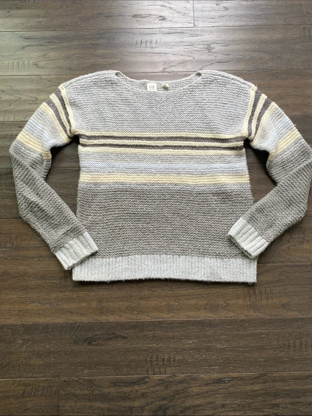 GAP Kids Striped Crewneck Sweater Metallic Girls Sz 14/16 Gray, Cream, Blue